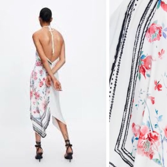 ZARA Combined Asymmetric Halter V-Neck Dress Rose Print Black/White/Red Sz S NEW - Picture 6 of 6